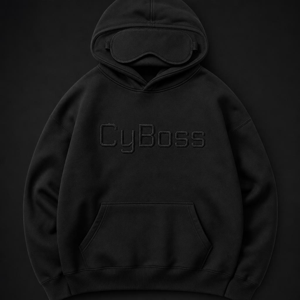 Black NightOps hoodie with built-in eye mask and black embroidered CyBoss logo across the chest