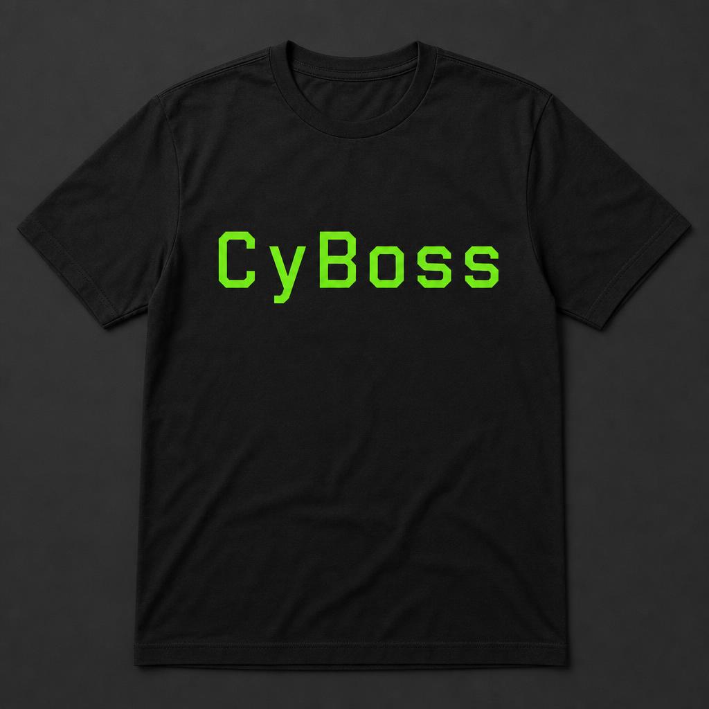 Black CyBoss t-shirt with neon green wordmark